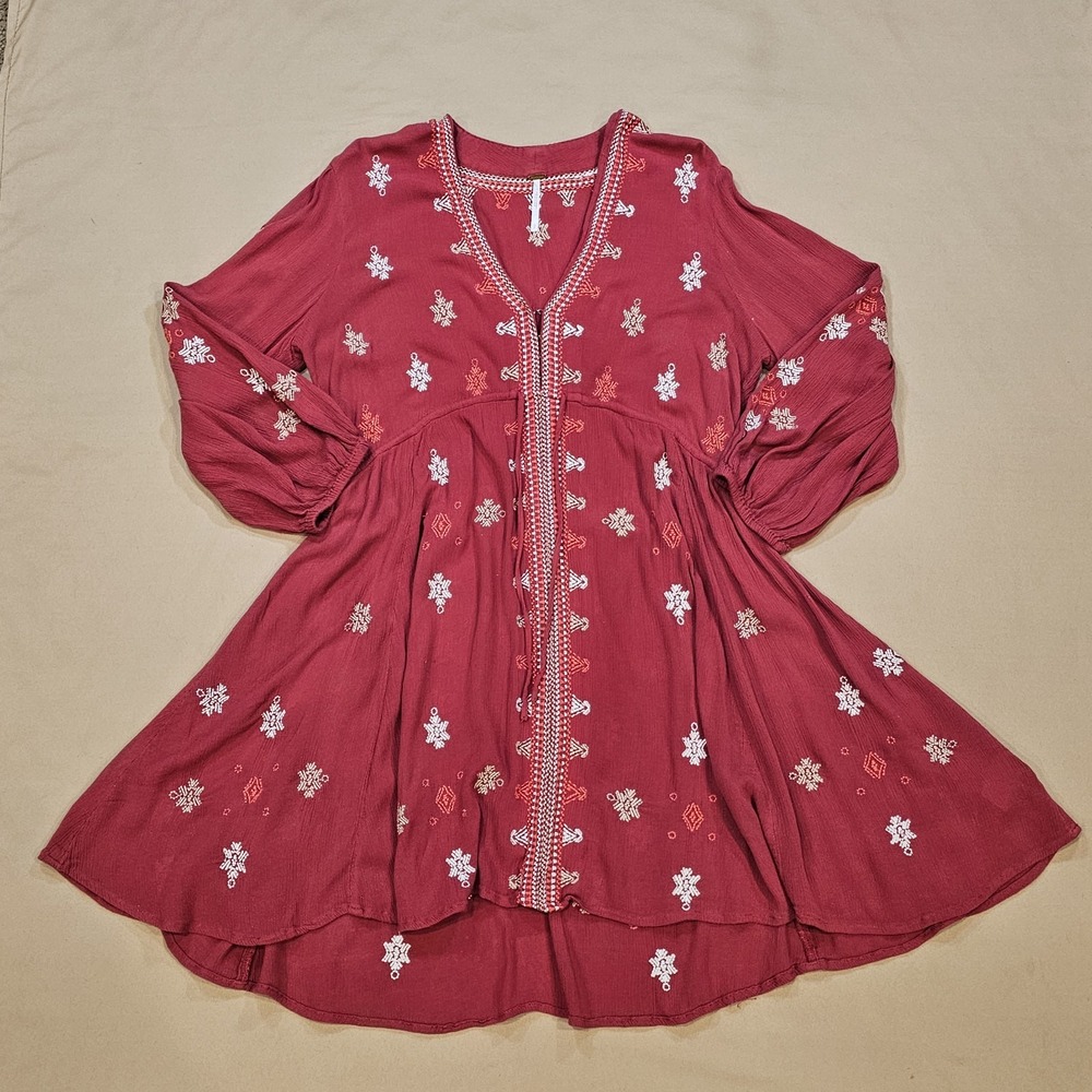 FREE PEOPLE Red Bohemian Embroidered Asymmetrical Empire Waist w/Ties Top Size S